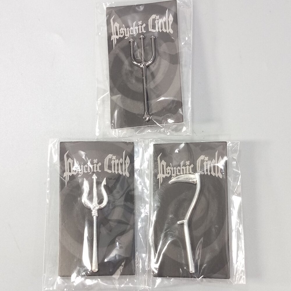 Psychic Circle Oddities Pitchfork Scythe 3 Push-Pin Lot Halloween Lapel Brooch